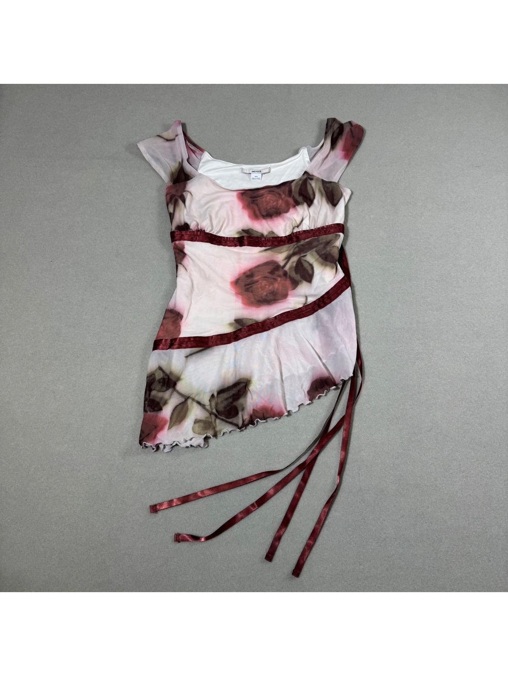 Kimchi Blue Mesh Rose Print Top Womens Medium Asymmetric Ribbon Tie Y2K Style